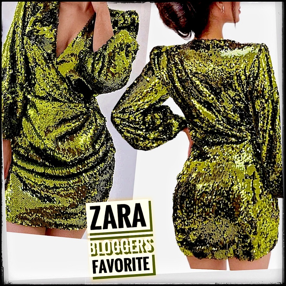 LIKE NEW 💚 ZARA Blogger Fave Sequin Wrap Mini Dress Long Sleeve Padded Shoulders